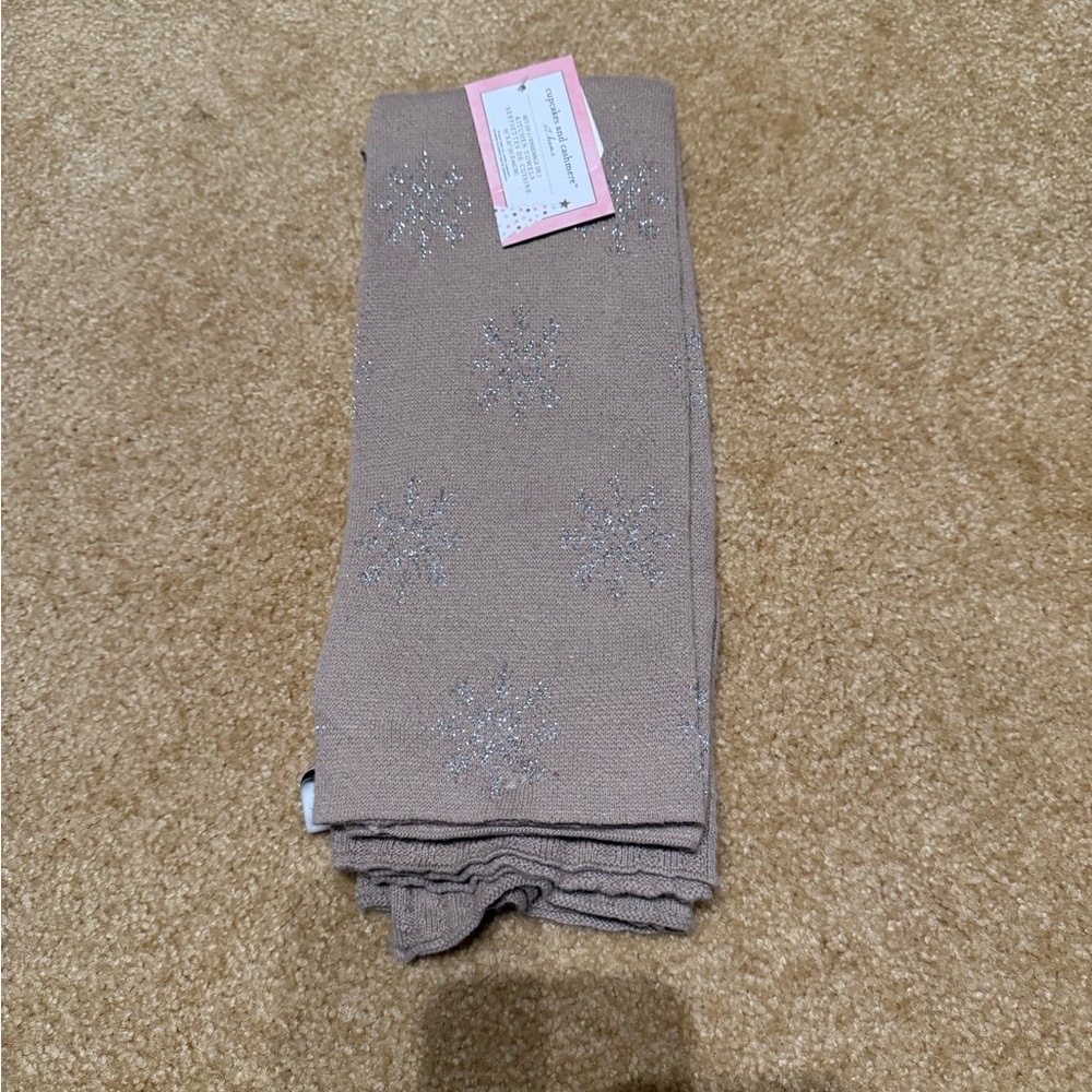 cupcakes & cashmere Tan Kitchen Towel with Silver Snowflakes